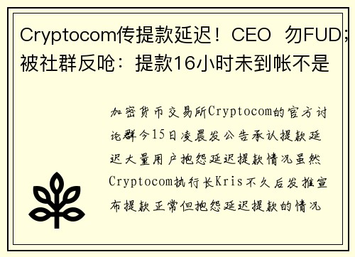 Cryptocom传提款延迟！CEO  勿FUD；被社群反呛：提款16小时未到帐不是 FUD 