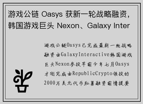 游戏公链 Oasys 获新一轮战略融资，韩国游戏巨头 Nexon、Galaxy Interactiv